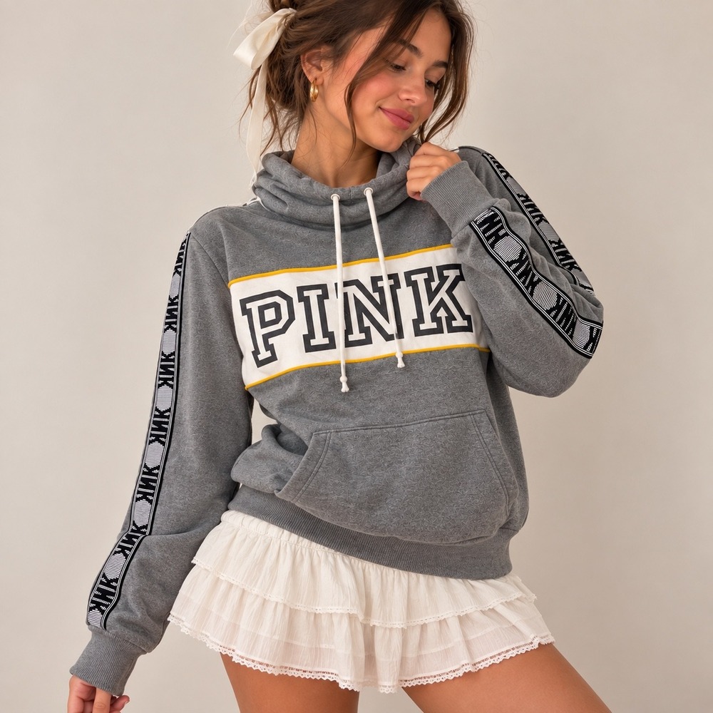Victoria's Secret PINK Logo Tape Funnel Neck Cowl Pullover Hoodie Grey Small